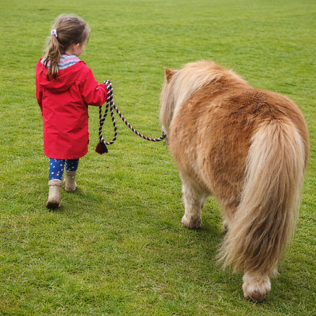 No Reins Tiny Hooves on Tour School Visit. A Primary School child leads on of the ponies on the school field.